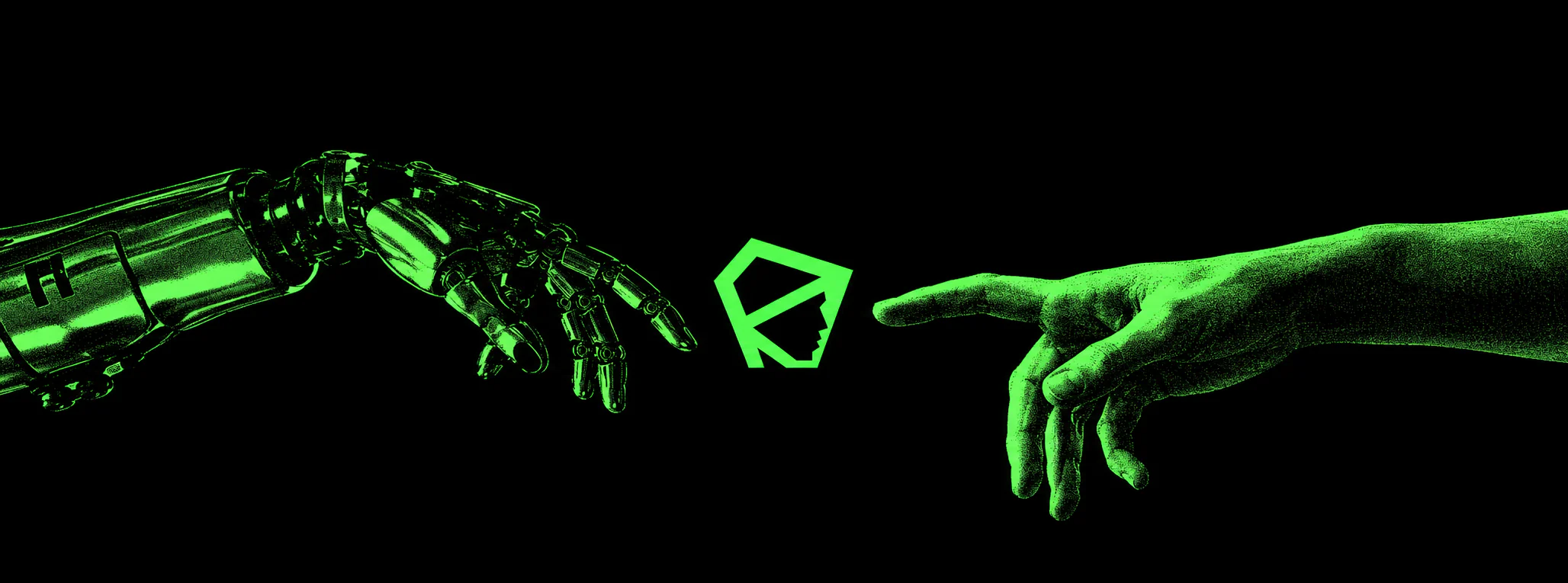 A robotic hand and a human hand reach toward the RAIA logo between them.